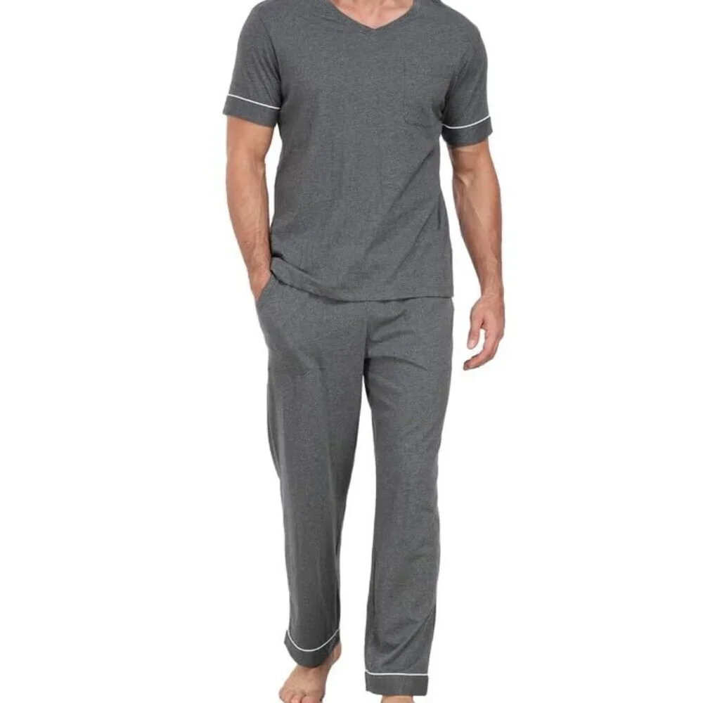 Men's Cotton Sleepwear Set V-Neck Short Sleeve Comfy Pajamas Lounge Pants